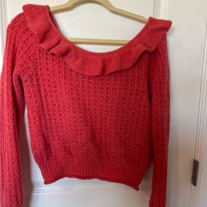 Anthropologie Ruffled Knit coral sweater